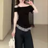 Conjunto de duas peças sexy estilo coreano para mulheres, t-shirt de manga curta com alça falsa ombro a ombro, top xadrez com renda patchwork slim-fit de verão
