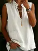 2026 Elegante Camisa de Algodón y Lino con Cuello Alto Fruncido Top de Verano sin Mangas