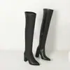 Botas longas femininas de bico fino para outono e inverno, cor sólida, sola macia de borracha, zíper lateral, salto ultralongo, salto quadrado preto, botas estilo Martin de tamanho grande
