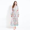 Yujie Fan Cross-border 2025 Court Style Retro V-colar Posicionamento Impressão Cintura Pétala-forma Grande Pêndulo vestido