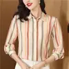Blusa feminina listrada de manga longa, design de verão, nicho, retrô, seda pesada, camisa de seda de amoreira, feminina, modeladora