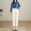 Jeans Rectos Gruesos Forrados de Polar de Cintura Alta para Mujer Otoño e Invierno Sueltos Adelgazantes Forrados Tubo Ahumado Pantalones Exteriores Ajustados