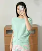 Top de Verão Miyake Plissado de Manga Curta com Uma Alça Verde Menta de Alta Qualidade Cintura Marcada Emagrecedor Irregular Versátil Camiseta
