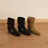 Botas de media caña con hebilla de doble uso, gamuza de vaca, tacón grueso de 4.5 cm, botas de cuero estilo coreano, nuevas botas vaqueras de color liso con punta cuadrada