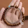 Pulsera DIY de Círculo Doble Cocido con Ágata Gris de 4 mm, Cuentas del Sutra del Corazón, Anillo Paspartú Corredizo, Pulsera de Estilo Étnico