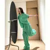 [Em Estoque] Pijama Listrado Novo para Primavera e Outono para Mulheres, Manga Longa e Calça Longa, Conjunto de Loungewear Plus Size, Pode Ser Usado Fora, Estilo Ins