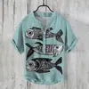 Nueva Camisa Hawaiana para Hombre Paisaje con Tinta Estampado de Sol Transfronteriza Europea y Americana Camisa de Lino de Bambú de Manga Corta con Cuello en V