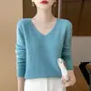 Suéter de tricô seamless de peça única para outono e inverno, suéter de tricô fashion com decote V para mulheres, suéter casual versátil multicor de manga longa para mulheres