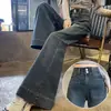 Calça Jeans Wide Leg de Cintura Alta Cinza Cimento Flare para Mulheres 2025 Nova Moda Outono e Inverno Calça Flare Flare de Botão Duplo Emagrecedora