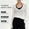 Blusa Base de Manga Larga para Mujer, Otoño e Invierno, de Seda y Lana, Cuello en V y Redondo, Protector Solar, Ligera, Adelgazante, Agradable para la Piel, Hombro Normal