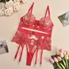 Lencería Navideña Transfronteriza Sujetador Bordado con Diseño Metálico Complejo Calado, Conjunto Sexy de Lencería de 3 Piezas