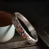 Pulsera de Loto de la Suerte Artesanal Artística Vintage de Plata Pura 999 con Incrustaciones de Oro Pulsera Grabada Unisex