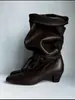 Botas longas pretas de cadarço estilo retrô com bico fino e salto alto para mulheres, novo estilo outono e inverno 2026, botas da moda dobráveis e estilosas