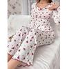 Elegante Conjunto de Pijama Floral para Mulheres, Novidade de Outono, Blusa de Manga Longa com Franzido e Decote em V e Calça, Adequado para Usar Fora, Conjunto Loungewear, Moderno