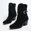 Botines Cortos de Borlas Europeos y Americanos sin Cordones con Tacón Grueso Otoño e Invierno para Mujer 2026 Nuevos Botas Vaqueras de Suela Gruesa Hebilla Botas de Cuero para Mujer