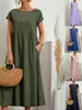 Amazon Aliexpress 2024 Ebay Vestido Europeu e Americano Solto Sem Mangas de Cor Sólida Algodão e Linho com Bolso em Estoque