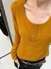Yuanxi-2026 Outono Minimalista Básico Versátil Emagrecedor Gola U Manga Longa Camiseta para Mulheres 268464