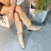 Botas de Caballero Botas Altas Retro de Caña Larga para Mujer Botas Arrugadas de Montón Tacón Grueso Punta Cuadrada Pero Botas hasta la Rodilla 2022 Marrón