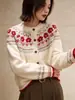 Cardigã Feminino Retrô Fair Isle Flor Vermelha Tricô Suéter Outono Casaco Petite Gola Redonda de Botão Único Versátil