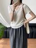 Taogawa Coreano Cuello en V Botón Chic Manga Corta para Mujer Top de Punto Adelgazante con Cintura Plisada YL318-1