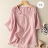 Top de Ramio con Cuello Marino de Manga Corta, Blusa Artística Retro de Algodón y Lino, Cuello de Muñeca, Corte Holgado, Adelgazante, Estilo Delgado, Nuevo Modelo 2026