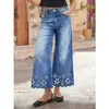 Jeans feminino bordado de marca, modelagem solta, versátil, jeans stretch casual da moda, jeans lavado