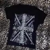 Verano Nuevo Estilo Gótico Europeo y Americano Patrón de Cruz Pedrería Estilo Y2K Camiseta de Cuello Redondo Ajustada Top Corto Venta al por Mayor