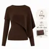 Suéter de Punto Asimétrico Estilo Chal para Mujer, Suéter Drapeado de Cuello Redondo y Manga Larga Shein, Suéter de Moda Falso de Dos Piezas