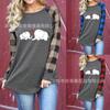 Roupas femininas transfronteiriças de comércio exterior europeu e americano WISH Amazon nova primavera e outono xadrez impresso em torno do pescoço manga comprida top T-shirt