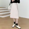 Saia reta elegante e profissional feminina para outono e inverno, estilo coreano, cintura alta, comprimento médio, com fenda traseira, saia lápis de lã de um passo