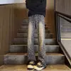 Jeans Lavado Jacquard Estampado Integral Retrô Americano Masculino Primavera Tendência Marca Nova Solto Reto Bootcut Calça Casual