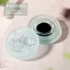 Pedra de Tinta para Hot Pot com Tampa, Tinta de Secagem Lenta, Reservatório de Tinta Hidratante de Círculo Duplo, Cartucho de Tinta Esmaltado, Prato de Tinta com Tampa, Suporte para Pincel Caneta, Suporte para Caneta