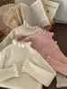Suéter para Niños Otoño e Invierno Nuevo Estilo Color Sólido Versátil Camiseta Base Cálida para Niñas Suave de Punto con Volantes Top de Moda