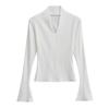 Blogger de Rua Sexy Gola V Justa na Cintura Manga Trompete Camiseta Pura Popular na Internet Slim-Fit Camiseta Base Modeladora Top