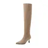 Botas Altas de Piel de Ante con Tacón de Aguja y Punta Fina First Encounter para Adelgazar de Temporada para Mujer 2026 Nuevas Botas Largas por Encima de la Rodilla