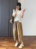 Calças de cenoura leves de cintura elástica para o verão para mulheres, calças casuais cropped que afinam e cobrem o quadril, calças de harém soltas versáteis