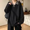 Camiseta de manga larga para hombre con bloques de color y estampado de pata de gallo, top casual holgado de moda para otoño con media cremallera, camiseta interior tipo polo de peso pesado
