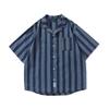 Camisa Masculina de Manga Curta Listrada Bicolor com Lapela Estampada Retrô da Marca de Moda Americana Beijie para Homens, Nova Coleção de Outono 2022