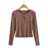 Camiseta de manga larga con cuello redondo estilo europeo y americano para mujer, diseño cuidadoso, máquina delgada, corta, delgada, punto, top, camiseta básica