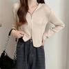 Cardigã de Malha Longo com Gola Reversível, Textura Vertical e Zíper Duplo para Mulheres 2025 Inverno Estilo Coreano Versátil Peça Externa Estilo Estrangeiro Top