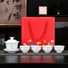 Porcelana Blanca de Dehua 1 Tapa de Tazón 4 Tazas Juego de Té Kung Fu Taza de Té de Cerámica para el Hogar Tapa de Tazón Set en Caja de Regalo Regalo Festivo