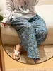 Calça de algodão tramado floral vintage multicolorida de perna larga para mulheres, solta e respirável, adequada para usar em casa e como calça de dormir