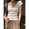 Comércio Exterior Atacado Verão Gola V Botões 260g Modal Slim-Fit Manga Curta Camiseta Base Feminina