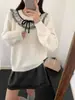 Top de punto dulce con cordones, empalme de lazo y malla, suéter de punto suelto, tendencia para mujer Otoño e Invierno 2025