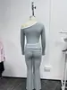 Comercio Exterior Europeo y Americano Transfronterizo Ropa Nueva para Mujer Americana Sexy Sexy de Hombros Descubiertos Manga Larga Corta que Muestra el Ombligo Pantalones Plisados Traje