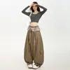 Jinyin2 Colores/Moda Americana Cuadros Patchwork Pantalones Casuales para Mujer Cintura Alta Sueltos Pierna Ancha Tipo Scimitar Pantalones Cargo Modernos
