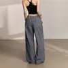 Calça Wide Leg Solta Retro de Duas Cores com Padronagem Xadrez, Versátil, Emagrecedora, Estilo Preguiçoso, Perna Reta, Design de Botão, Calça Casual para Mulheres, Atacado