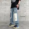 Jeans High Street Estilo Americano Masculino Casual Costura Preta e Branca Senso de Design de Nicho Calças Rasgadas Casuais Retas