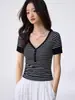 Camiseta de Manga Corta con Cuello en V y Rayas Blancas y Negras de Tencel Lyocell para Mujer, Top de Verano con Bloques de Color y Media Botonadura Ajustado