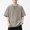 Roupas Masculinas Fengshe / Camiseta de Verão com Gola Redonda e Manga Curta em Algodão de Bambu para Homens, Cor Sólida, Caimento Solto, Camiseta Estilo Retrô Japonês